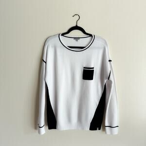 T by Talbots White + Black Colorblock Pocket Long Sleeve Sweater - Large